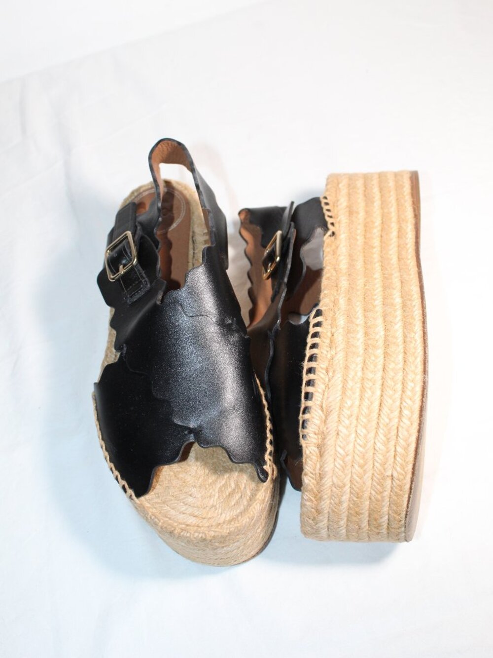 Chloe Chloé Lauren Scalloped Espadrille Sandals Black Slingback Platform 40